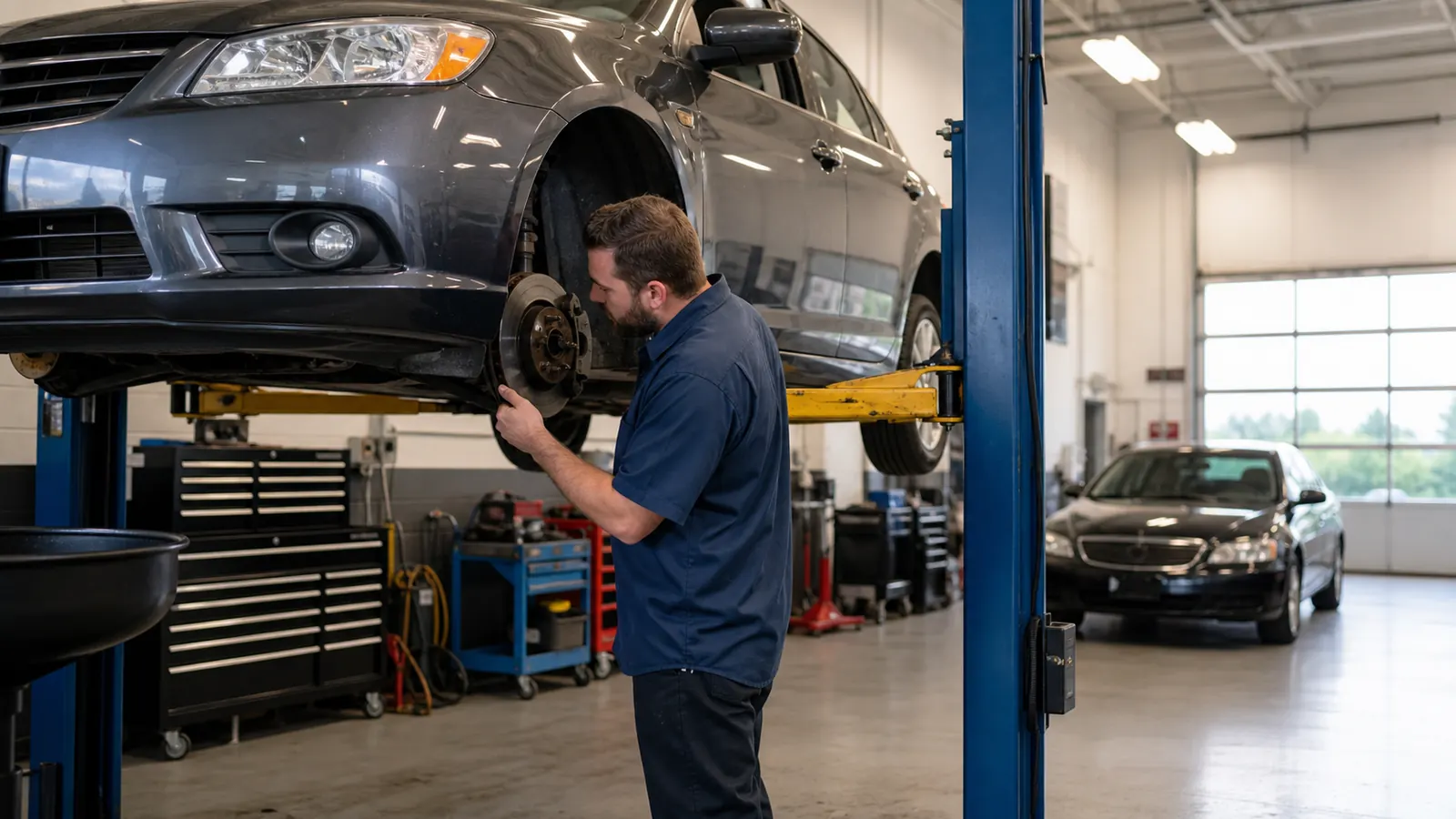 Auto technician working on a vehicle inside a repair bay