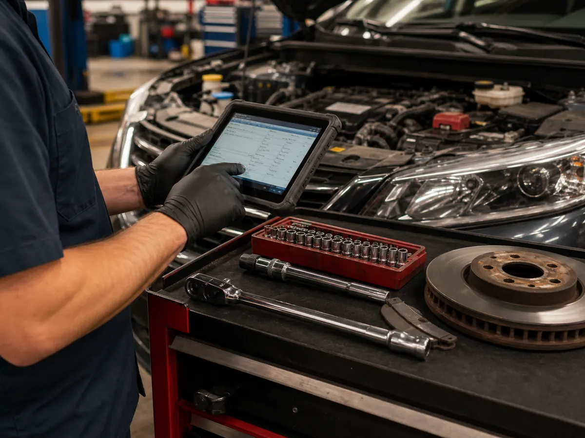 Technician using diagnostic equipment near an open engine bay
